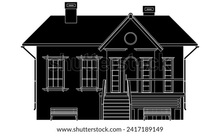 Black silhouette of one-story house with porch and benches isolated on white background. Vector clipart.