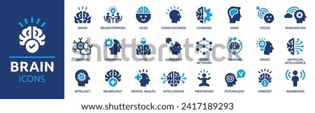 Brain icon set. Containing mind, brainstorming, head, neuron, cognition, thinking, intelligence and more. Solid vector icons collection. Royalty-Free Stock Photo #2417189293
