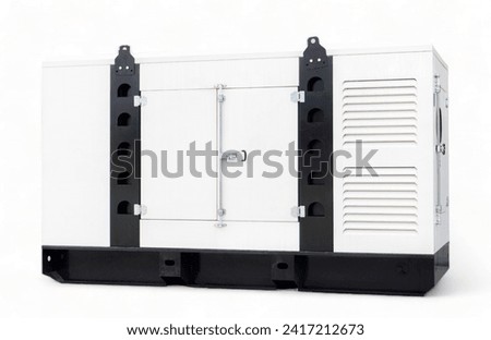Mobile and standby industrial white auxiliary diesel generator for emergency power supply isolated on a white background. Generator backup power. For emergency use of electricity Royalty-Free Stock Photo #2417212673
