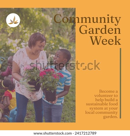 Composition of community garden week text over diverse woman and boy gardening. Community garden week, gardening and leisure time concept digitally generated image.