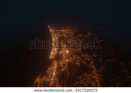 Aerial view on Biloxi (USA) from east. Top view on modern city at night from satellite
