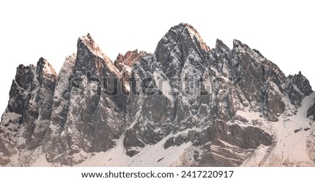 Gray rocky mountain peak isolated on white background. Beautiul mountain view in Geislergruppe, Italy Royalty-Free Stock Photo #2417220917