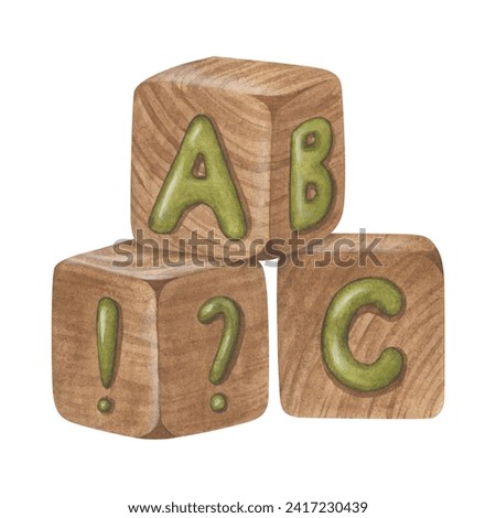 Toy abc Blocks Watercolor illustration. Hand drawn clip art on isolated background. Drawing of wooden cubes for kids. Painting of eco bricks with letters for nursery posters and wall stickers design