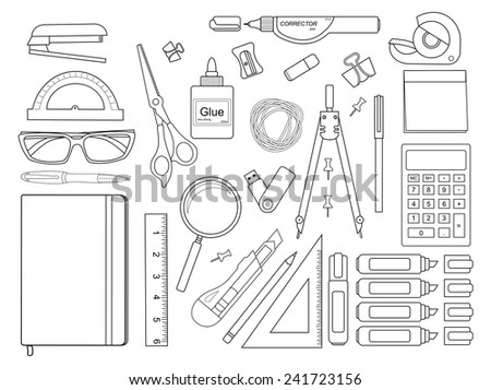 Stationery tools: pen, binder, clip, ruler, glue, zoom, scissors, scotch tape, stapler, corrector, glasses, pencil, calculator, eraser, knife, compasses, protractor, sticky notes. Contour lines