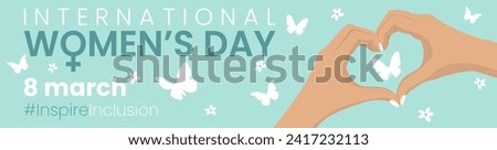 International Women's Day 2024 InspireInclusion banner template with heart hands sign on a blue background. 8 march, women's history month concept. Vector design for header of website, poster. Royalty-Free Stock Photo #2417232113