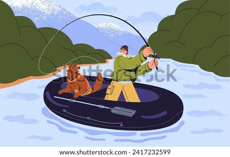 People fishing in river on summer vacation. Happy fisherman with rod catches fish. Guy angling with fluffy dog in inflatable boat. Man spend time with pet. Fishery hobby. Flat vector illustration