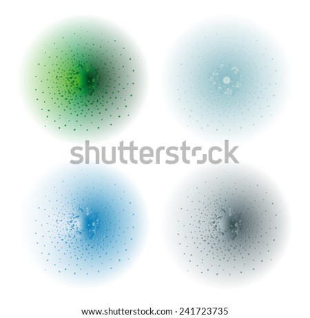 Paint spray effect.Green, aqua, ice blue, silver color splashes spheres. Vector clip art illustration isolated on white