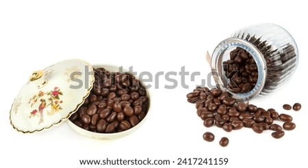 Сhocolate dragee in a glass jar and in a Porcelain box isolated on a white background. Free space for text. Wide photo. Collage. Royalty-Free Stock Photo #2417241159