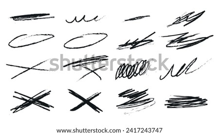 Grunge scrawls, charcoal scribbles, rough brush strokes, underlines strikethroughs. Bold charcoal freehand stripes and ink shapes. Crayon or marker scribbles. Vector illustration
