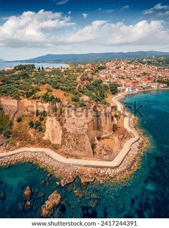 Impressive summer view of Koroni's Castle. Aerial morning seascape of Ionia sea, Koroni town, Messenia, Peloponnese, Greece, Europe. Traveling concept background.