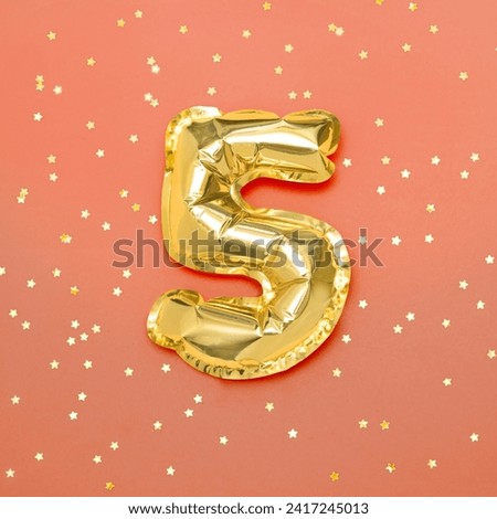 Number 5 of Golden foil balloon on festive orange background. Bright Poster for fifth Anniversary. Square holiday template for Party to Anniversary 5. Colorful greeting card for birthday