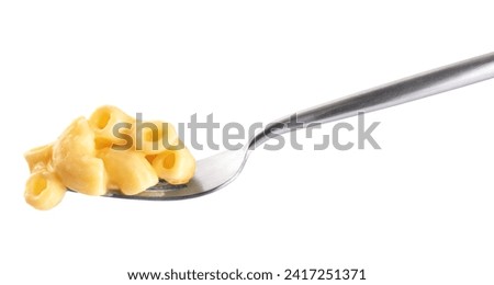 Fork with creamy macaroni and cheese isolated on white background. Mac and cheese. With clipping path. Royalty-Free Stock Photo #2417251371