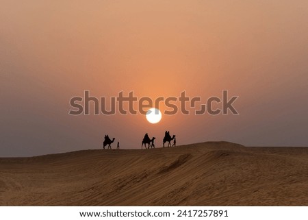 Silhouette of camels in the desert with people at sunset