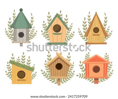 Set of cute birdhouses with branches of leaves. Spring icons in flat cartoon style. Spring holiday illustration. Vector