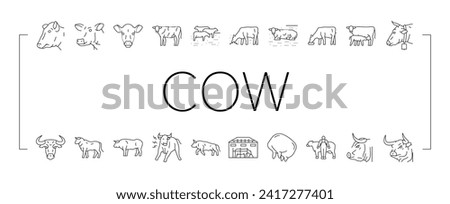 cow farm dairy cattle milk white icons set vector. agriculture nature, livestock grass, beef field, pasture animal, meadow calf, summer cow farm dairy cattle milk white black line illustrations Royalty-Free Stock Photo #2417277401