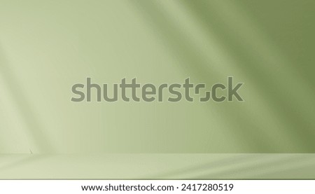 Green Room Background 3D Podium with Light,Window Shadow on Wall,Minimal Backdrop Display with Stand Mock up for product presentation in Spring,Summer,Easter Sale Royalty-Free Stock Photo #2417280519