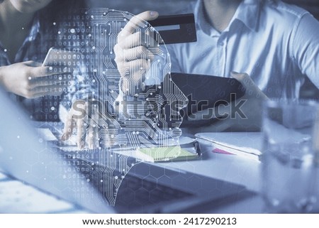 Double exposure of man and woman on-line shopping holding a credit card and brain hologram drawing. Ai and E-commerce pay on-line concept.