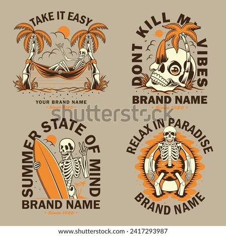 Vector illustration skulls with surfing and summer themes. For t-shirts, stickers and other similar products.