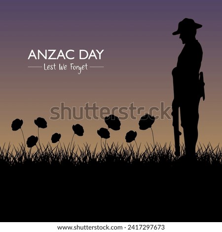 Vector illustration of beauty landscape. Remembrance day symbol. Lest we forget. Anzac day background with soldier. Royalty-Free Stock Photo #2417297673