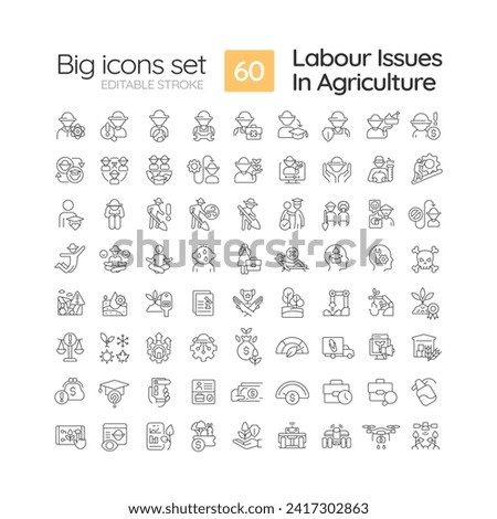 Labour issues in agriculture linear icons set. Rural development. Agriculture business. Farm worker. Customizable thin line symbols. Isolated vector outline illustrations. Editable stroke Royalty-Free Stock Photo #2417302863