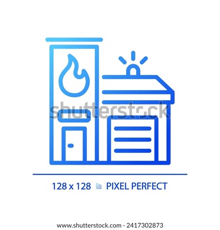 2D pixel perfect blue gradient fire brigade icon, isolated vector, building thin line illustration.