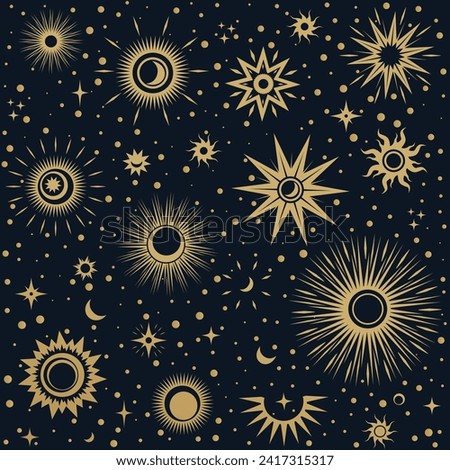 Vector magic seamless pattern with gold sun moon and stars