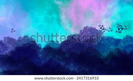 Gradient Galaxy and Nebula Wallpaper Background. Full Color Gradient of Galaxy and Nebula Wallpaper or Background. Jungle silhouette with stary sky