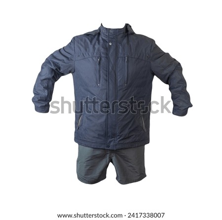 mens dark blue hooded jacket and dark gray sports shorts isolated on white background. fashionable casual wear