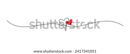 One continuous drawing of two hearts with red color love sign. Thin flourish ribbon and romantic symbol in simple linear style. Editable stroke. Doodle contour vector illustration Royalty-Free Stock Photo #2417341051