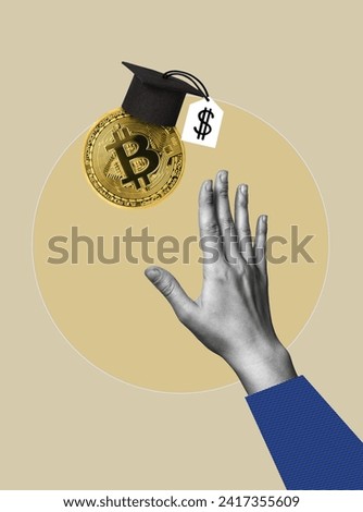 Financial literacy concept.Bitcoin coin with diploma cap and female hand in collage style. Studying cryptocurrency.