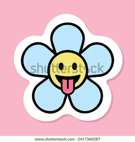 daisy flower with tongue emoji sticker, cute sticker on pink background, vector design element