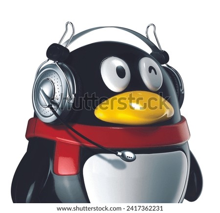 a penguin wearing a telephone headset
