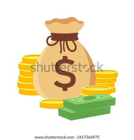 Money bag, dollar banknotes and coins on white background