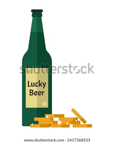 Bottle of beer with coins on white background. St. Patrick's Day