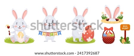 Easter Bunny Clip Art. Ears rabbit in hole. Basket Easter eggs and Egg hunt pointer.  Vector illustration in cartoon style