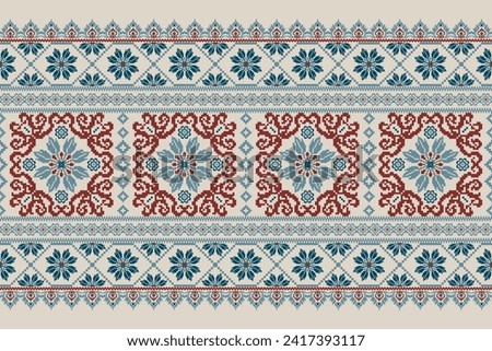 Floral pixel art pattern on grey background.geometric ethnic oriental embroidery vector illustration.pixel style,abstract background,cross stitch.design for texture,fabric,cloth,scarf,decoration,print