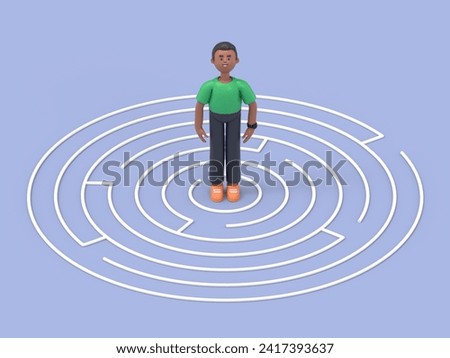 3D illustration of handsome afro man David standing in the center of a maze.artwork concept depicts challenge, finding the way out, escape, hurdles, solving issue, and solution for problem.
