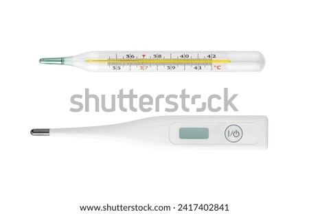 Medical thermometer, electronic and old mercury for measuring body temperature isolated on white background, set of two, closeup front view picture