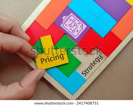 The word PRICING STRATEGY is written on wooden puzzle and icon isolated brown background. 