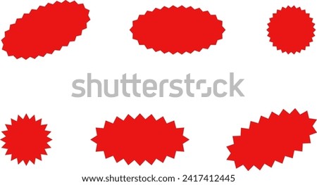 Starburst red sticker set - collection of special offer sale oval and round shaped sunburst labels and badges. Promo stickers with star edges. Vector illustration.