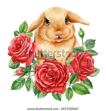 Cute easter bunnies and flowers, watercolor drawing painting. Easter poster with red rose and leaves on white background