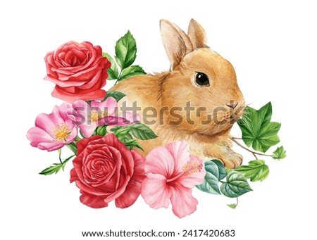 Bunny and bouquet flowers, rabbit isolated white background, watercolor botanical hand drawn illustration, springtime