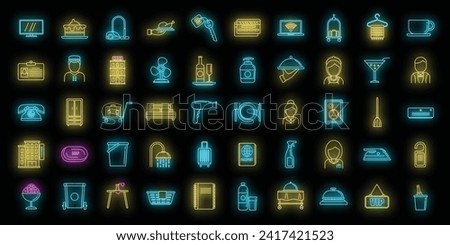 Tourism room service icons set. Outline set of tourism room service vector icons neon color on black