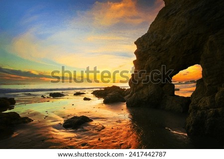 beautiful sunset at el matador beach malibu california Royalty-Free Stock Photo #2417442787