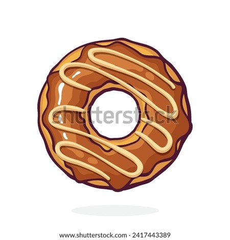 Donut with Chocolate Glaze and Caramel. Dessert Street Food. Vector Illustration. Hand Drawn Cartoon Clip Art With Outline. Graphic Element for Design. Isolated on White Background