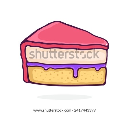 Piece of Cake with Pink Glaze Cream Fondant and Confiture. Dessert Food. Vector Illustration. Hand Drawn Cartoon Clip Art With Outline. Graphic Element for Design. Isolated on White Background