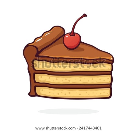 Piece of Cake with Chocolate Cream and Glaze and Cherry. Dessert Food. Vector Illustration. Hand Drawn Cartoon Clip Art With Outline. Graphic Element for Design. Isolated on White Background
