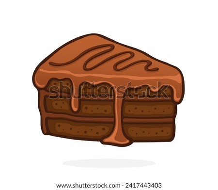 Piece of Cake with Chocolate Glaze Cream and Fondant. Dessert Food. Vector Illustration. Hand Drawn Cartoon Clip Art With Outline. Graphic Element for Design. Isolated on White Background