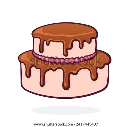 Double Tiered Cream Cake with Chocolate Glaze. Vector Illustration. Dessert Food. Hand Drawn Cartoon Clip Art With Outline. Graphic Element for Design. Isolated on White Background