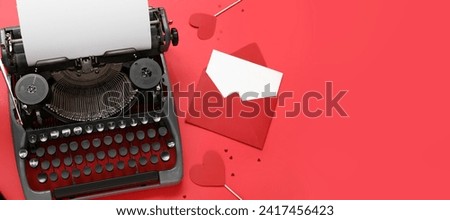 Vintage typewriter, letter and decor for Valentine's day on red background with space for text. Banner for design